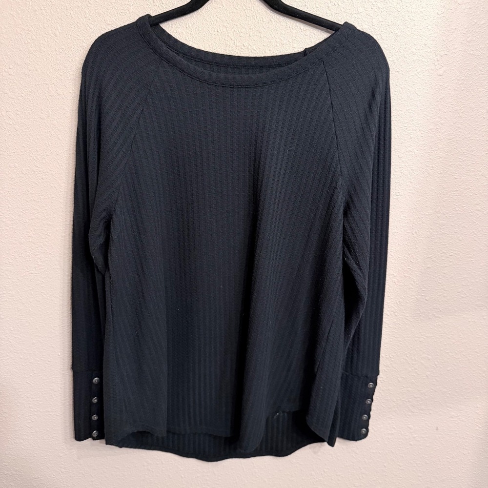 Chaser Women Black Waffle Knit Thermal Raglan Top Button Cuff XL 1305943